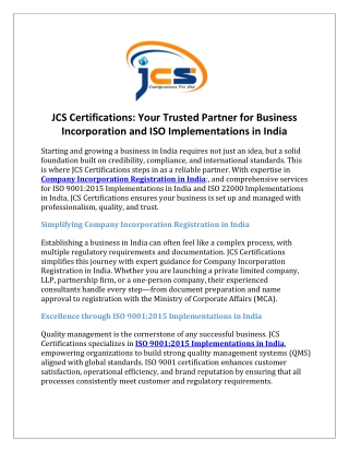 JCS Certifications Your Trusted Partner for Business Incorporation and ISO Implementations in India
