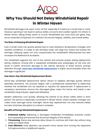 Why You Should Not Delay Windshield Repair in Winter Haven