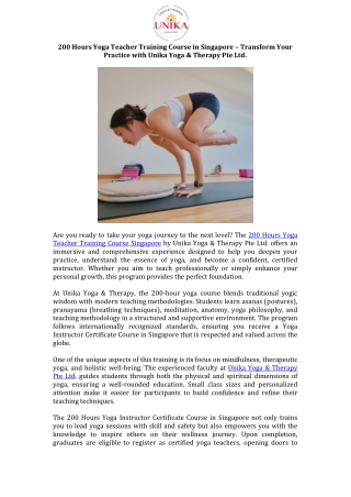 200 Hours Yoga Teacher Training Course in Singapore – Transform Your Practice with Unika Yoga & Therapy Pte Ltd