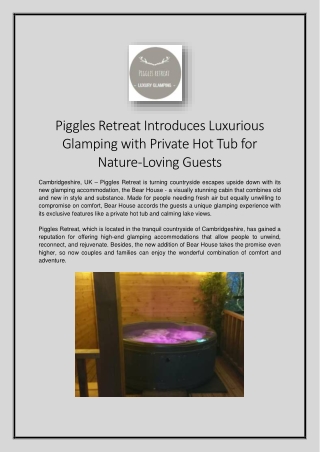 Piggles Retreat Introduces Luxurious Glamping with Private Hot Tub for Nature-Loving Guests
