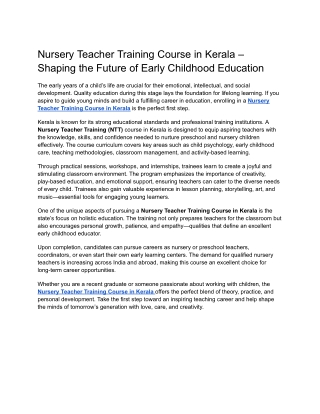 Nursery Teacher Training Course in Kerala