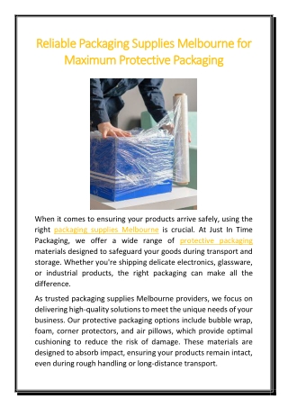 Reliable Packaging Supplies Melbourne for Maximum Protective Packaging