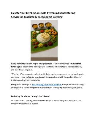 Elevate Your Celebrations with Premium Event Catering Services in Madurai by Sathyabama Catering