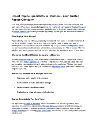 Expert Repipe Specialists in Houston