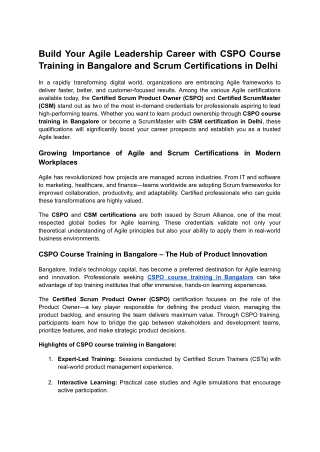 Build Your Agile Leadership Career with CSPO Course Training in Bangalore and Scrum Certifications in Delhi