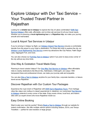 Explore Udaipur with Dvr Taxi Service – Your Trusted Travel Partner in Rajasthan