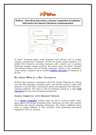 WAPon – Best Wati Alternative, Aisensy Competitor & Gallabox Alternative for Sma