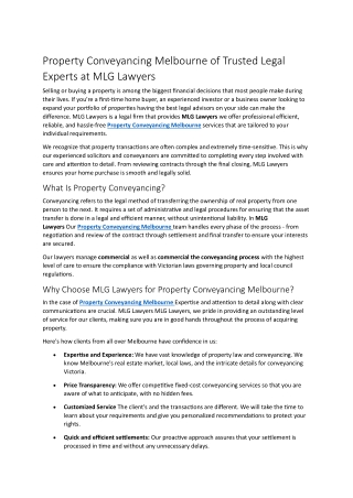 Property Conveyancing Melbourne of Trusted Legal Experts at MLG Lawyers
