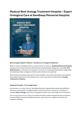 Madurai Best Urology Treatment Hospital Expert Urological Care at Sandheep Memorial Hospital