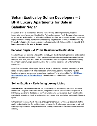 Sohan Exotica by Sohan Developers – 3 BHK Luxury Apartments for Sale in Sahakar Nagar