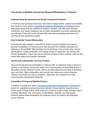 Your Guide to Reliable Commercial Plywood Wholesalers in Chennai