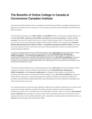The Benefits of Online College in Canada at Cornerstone Canadian Institute