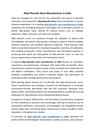 Alkyl Phenolic Resin Manufacturer in India