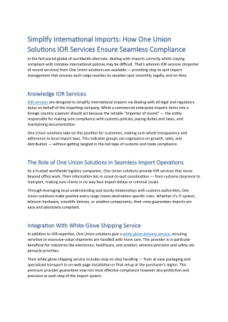 Simplify International Imports How One Union Solutions IOR Services Ensure Seamless Compliance