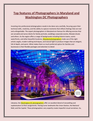 Top features of Photographers in Maryland and Washington DC Photographers