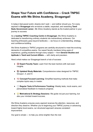 Shape Your Future with Confidence – Crack TNPSC Exams with We Shine Academy, Sivagangai