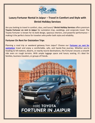 Luxury Fortuner Rental in Jaipur – Travel in Comfort and Style with Shristi