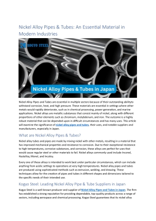 Nickel Alloy Pipes & Tubes: An Essential Material in Modern Industries