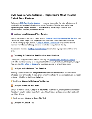 DVR Taxi Service Udaipur – Rajasthan’s Most Trusted Cab & Tour Partner
