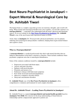 Best neuro psychiatrist in janakpuri