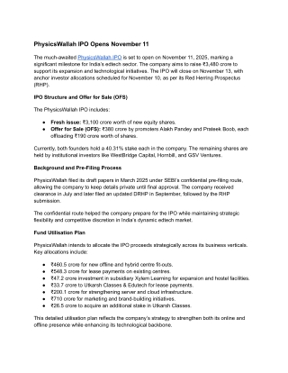 PhysicsWallah IPO Opens November 11