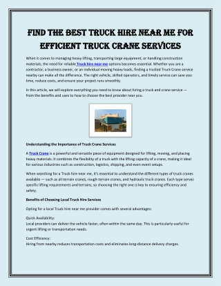 Find the Best Truck Hire Near Me for Efficient Truck Crane Services