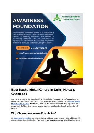 Best Nasha Mukti Kendra in Delhi, Noida & Ghaziabad