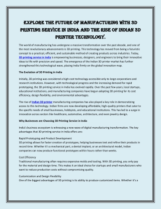Explore the Future of Manufacturing with 3D Printing Service in India and the Rise of Indian 3D Printer Technology