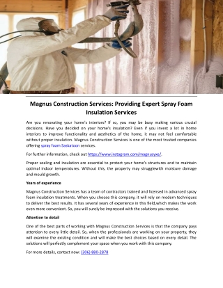 Magnus Construction Services: Providing Expert Spray Foam Insulation Services