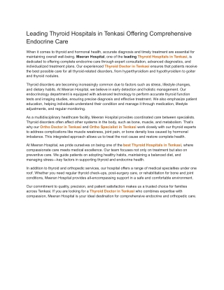 Leading Thyroid Hospitals in Tenkasi Offering Comprehensive Endocrine Care