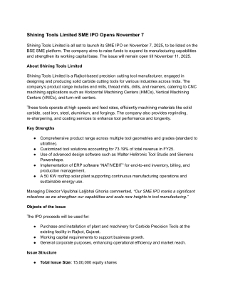 Shining Tools Limited SME IPO Opens November 7