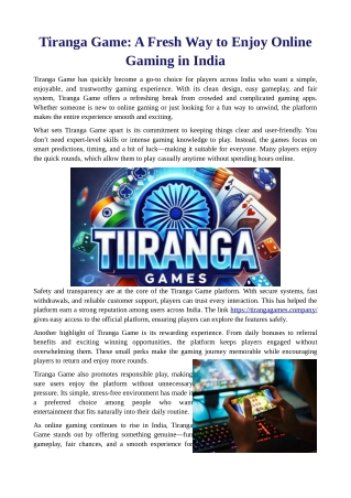 Tiranga Game: A Fresh Way to Enjoy Online Gaming in India