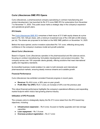 Curis Lifesciences SME IPO Opens