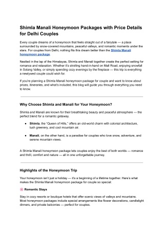 Shimla Manali Honeymoon Packages with Price Details for Delhi Couples