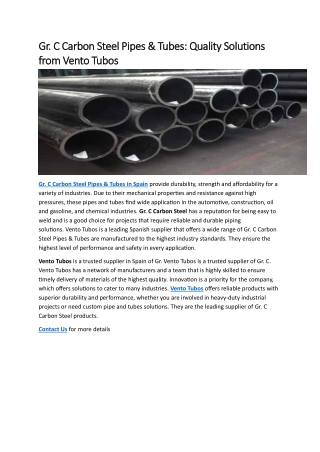 Gr. C Carbon Steel Pipes & Tubes: Quality Solutions from Vento Tubos