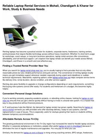 Reliable Laptop Rental Services in Mohali, Chandigarh & Kharar for Work, Study & Business Needs