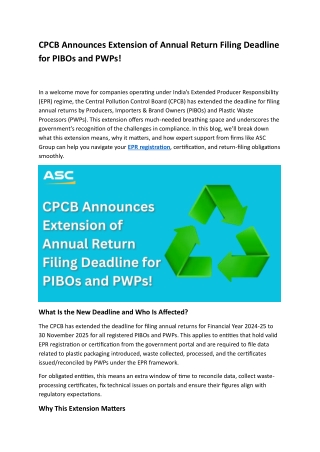 CPCB Announces Extension of Annual Return Filing Deadline for PIBOs and PWPs