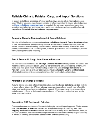 Reliable China to Pakistan Cargo and Import Solutions