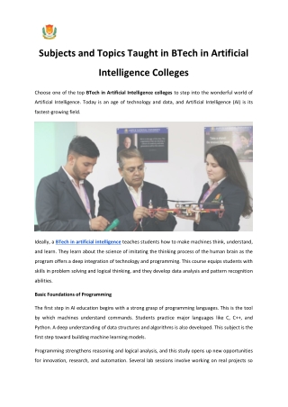 Subjects and Topics Taught in BTech in Artificial Intelligence Colleges