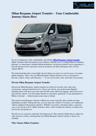 Milan Bergamo Airport Transfer – Your Comfortable Journey Starts Here