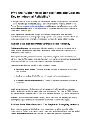Why Are Rubber-Metal Bonded Parts and Gaskets Key to Industrial Reliability