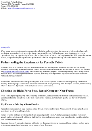 Porta Potty Rentals Near Fresno: Quality Service at Great Rates