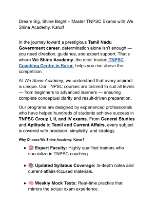 Dream Big, Shine Bright – Master TNPSC Exams with We Shine Academy, Karur!