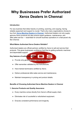 Why Businesses Prefer Authorized Xerox Dealers in Chennai