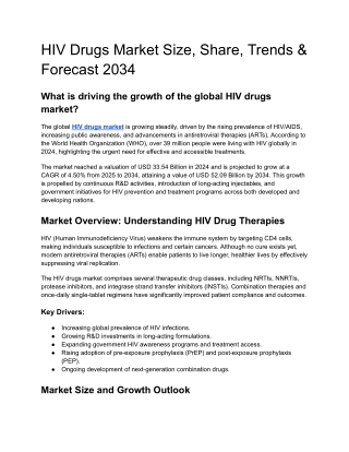 HIV Drugs Market Size, Share, Trends & Forecast 2034