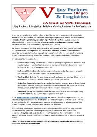 Best Packers and Movers Navi Mumbai - Vijay Packers & Logistics