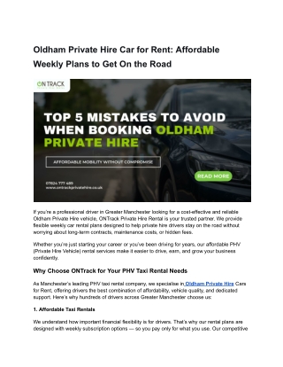 Oldham Private Hire Car for Rent | Affordable Weekly Plans