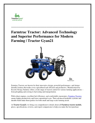Farmtrac Tractor Advanced Technology and Superior Performance for Modern Farming Tractor Gyan21