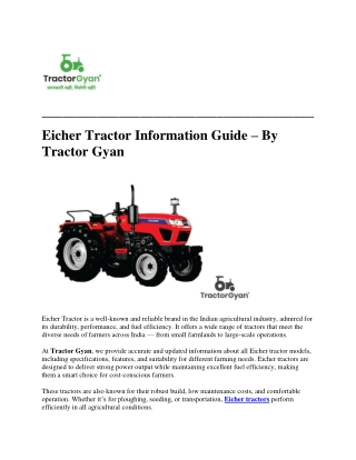 Eicher Tractor Information Guide By Tractor Gyan