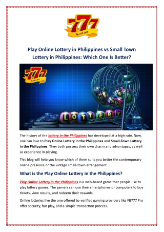Play Online Lottery in Philippines vs Small Town Lottery in Philippines